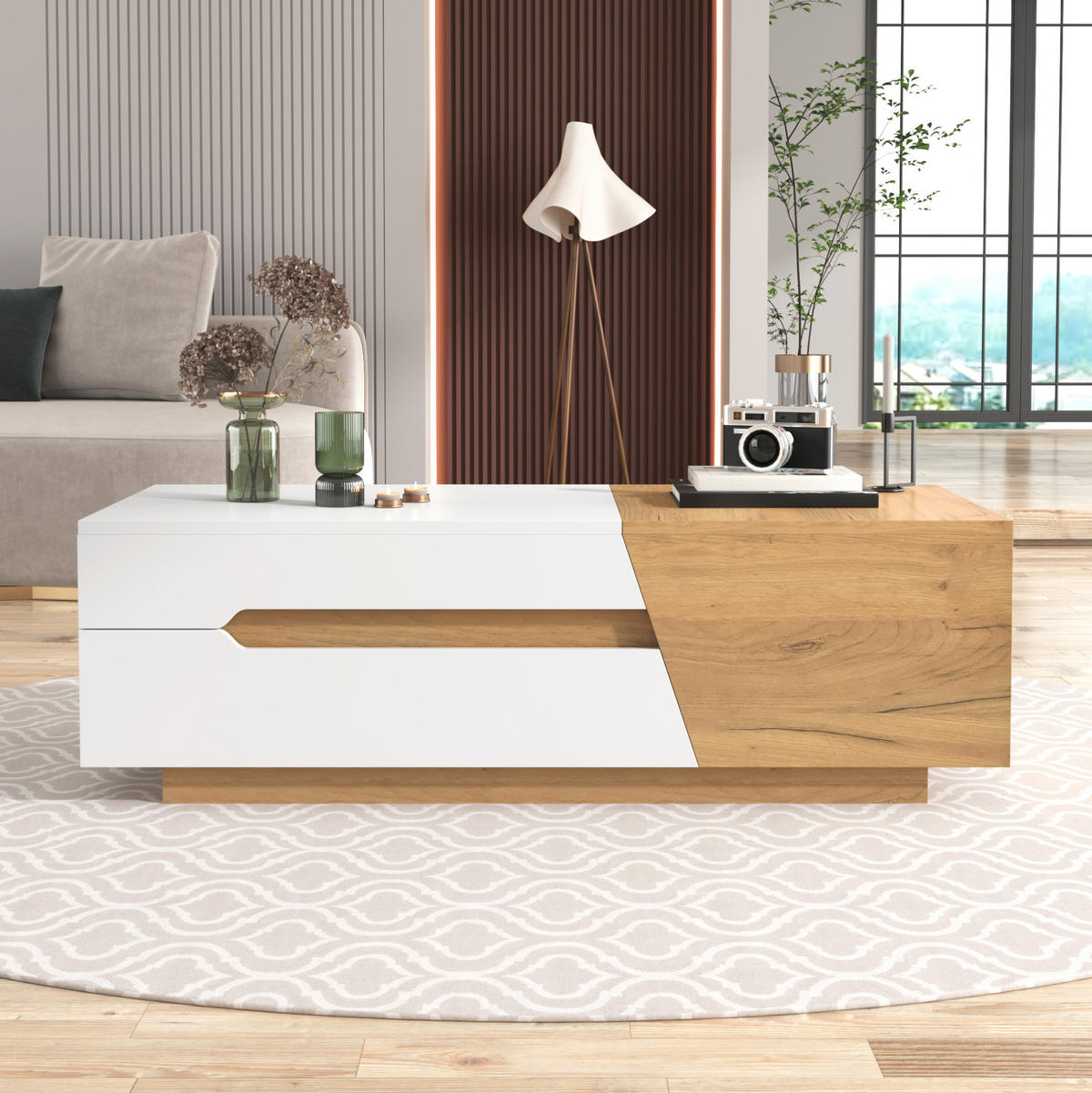 COUCHTISCH aus MDF 120x50x37,5 cm in Weiß mit Schiebedesign & 2 Schubladen - Weiß, Holzwerkstoff (120/50/37.5cm) - Modfu