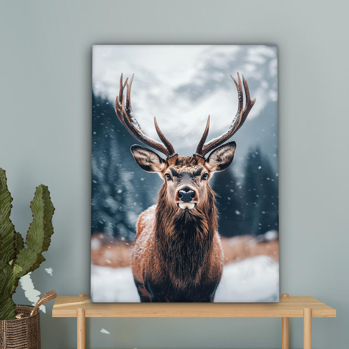 LEINWANDBILD Hirsche - Tiere - Landschaft - Winter - Schnee 60x80 cm - Kastanienfarben, Textil (60/80cm) - MuchoWow