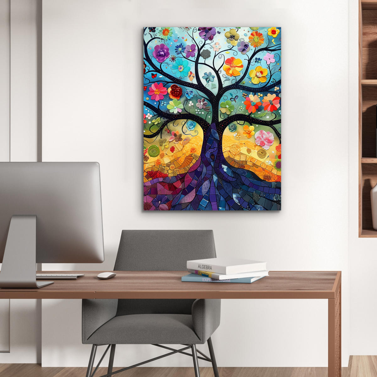 KOVOVÝ OBRAZ Umenie - Strom života - Kvety - Hippie 60x80 cm - tmavomodrá, kov (60/80cm) - MuchoWow