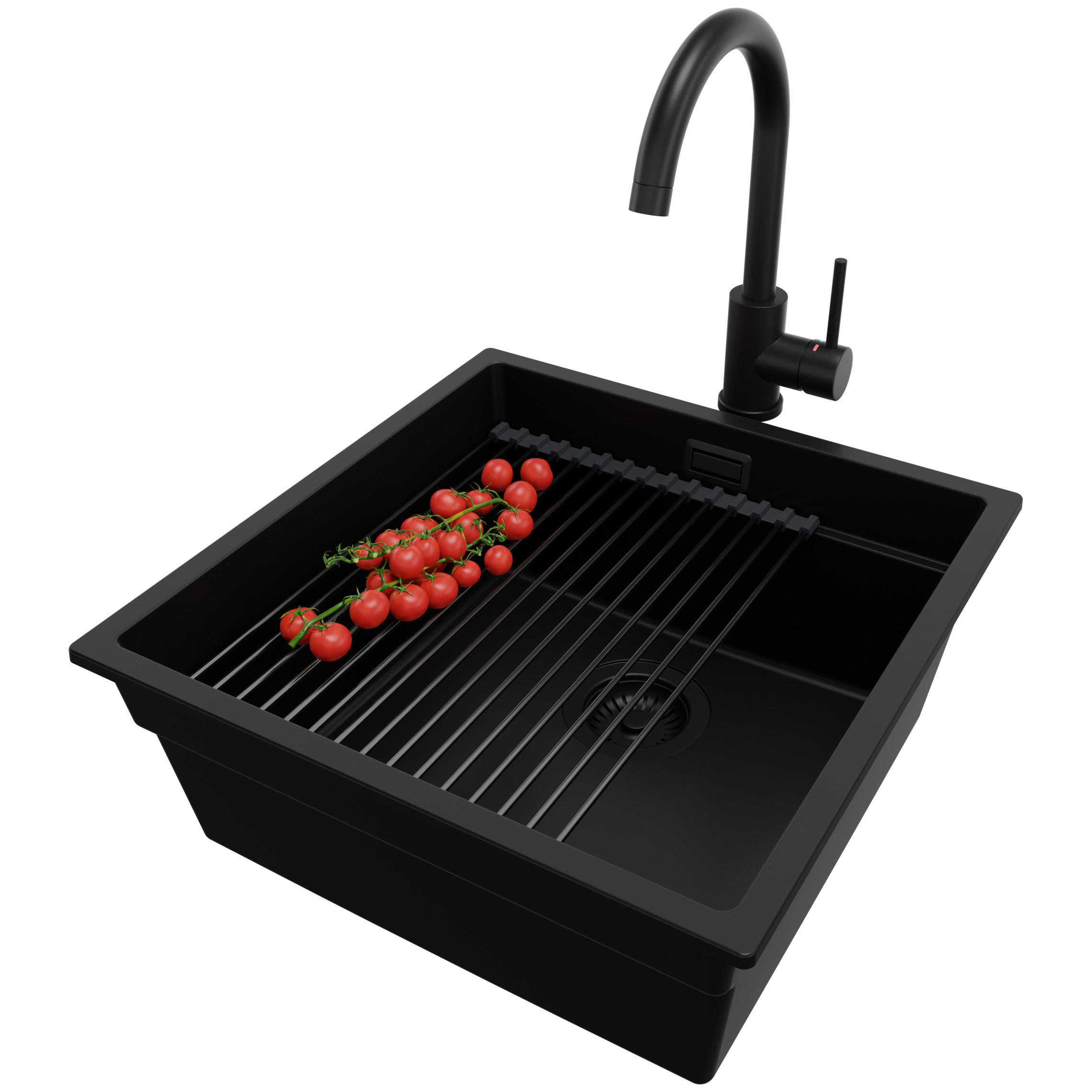 GRANITSPÜLE Praga Slim, 2-er set Schwarz 46/47 cm 1 Becken + Küchenarmatur 32/20 cm + Ablauf-Set + Aufrollbare Abtropffläche ab 50er Unterschrank - Schwarz, Kunststoff (46/20/47cm) - Primagran