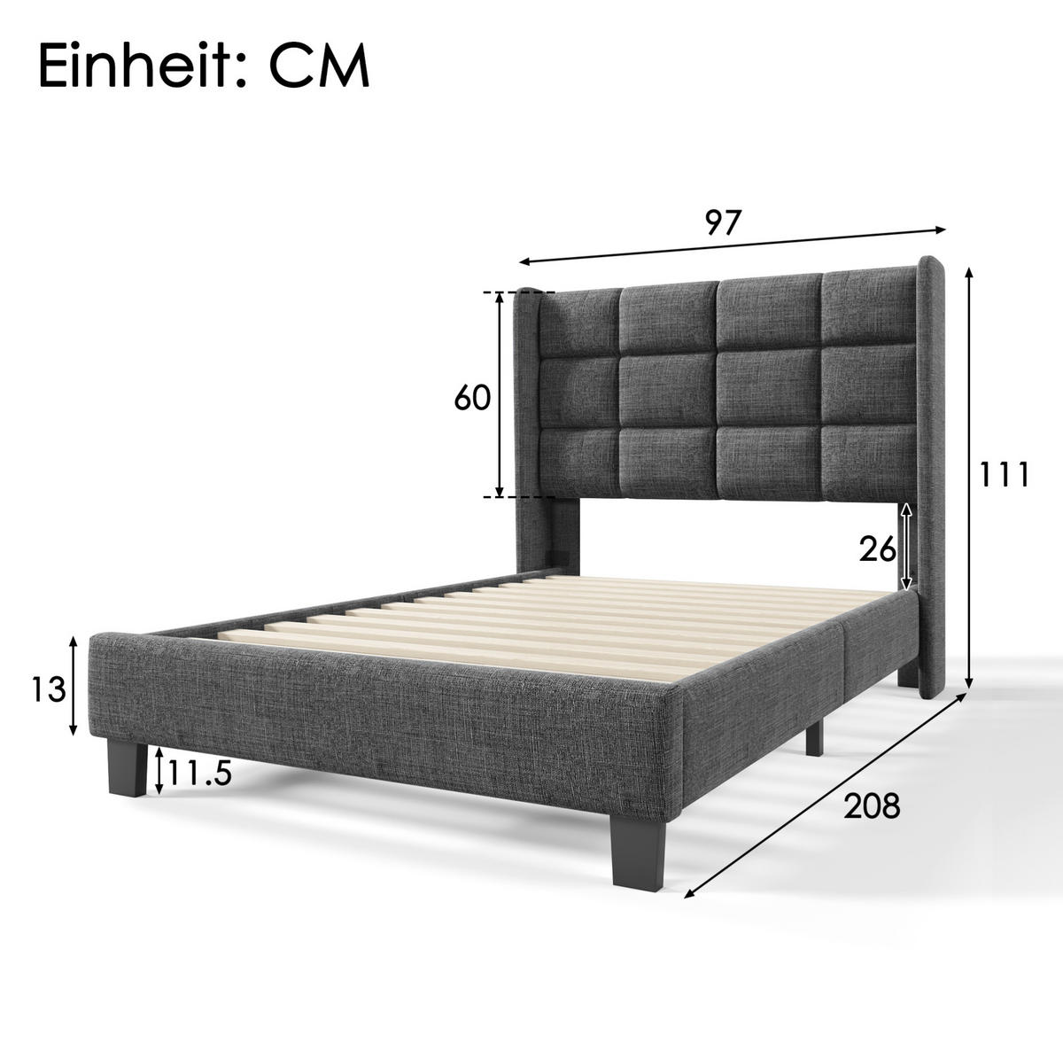 POLSTERBETT 90/200 cm in Grau mit gepolstertem Kopfteil inkl. Lattenrost - Grau, Textil (90/200cm) - BEAOK