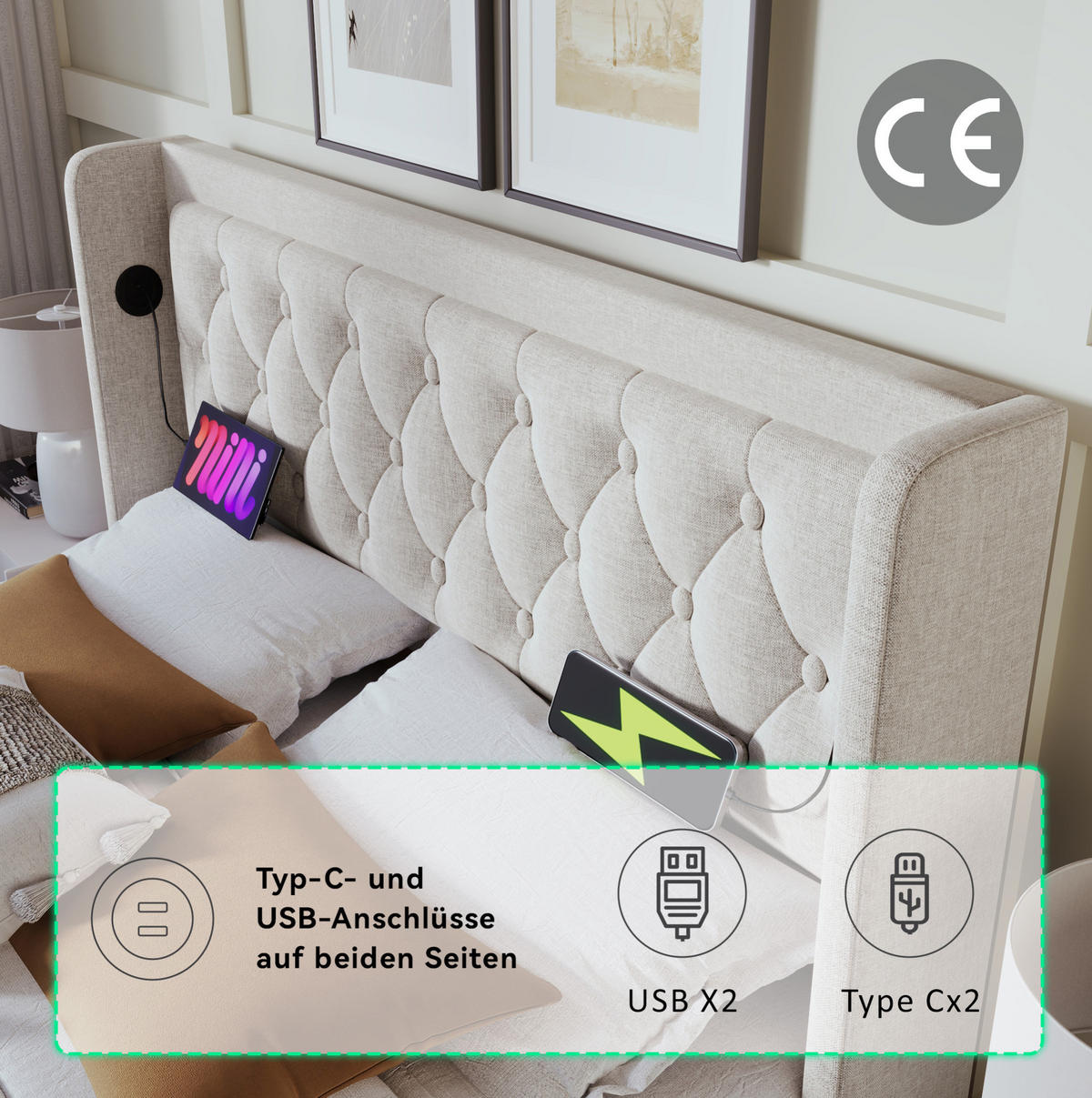 POLSTERBETT 160/200 cm Beige aus Baumwolle mit Stauraum, LED und USB-C - Beige, Textil (160/200cm) - OKMYHOME