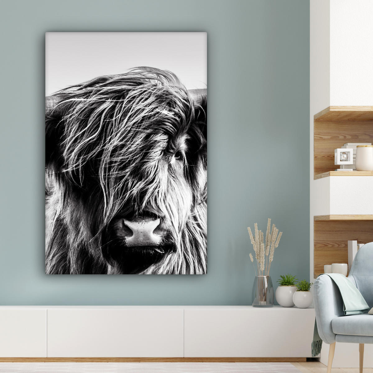 LEINWANDBILD Kuh - Schottischer Hochländer - Schwarz - Weiß - Tier - Natur - Wildtiere 90x140 cm - Schwarz, Textil (90/140cm) - MuchoWow