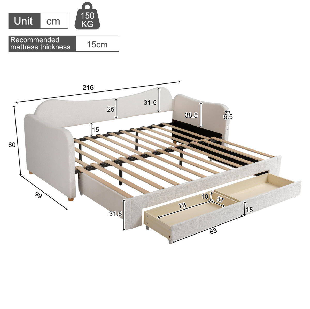 POLSTERBETT 90/200 cm beige aus Bouclé mit Ausziehfunktion, 2 Schubladen und USB - Beige, Holzwerkstoff (90/200cm) - OKWISH