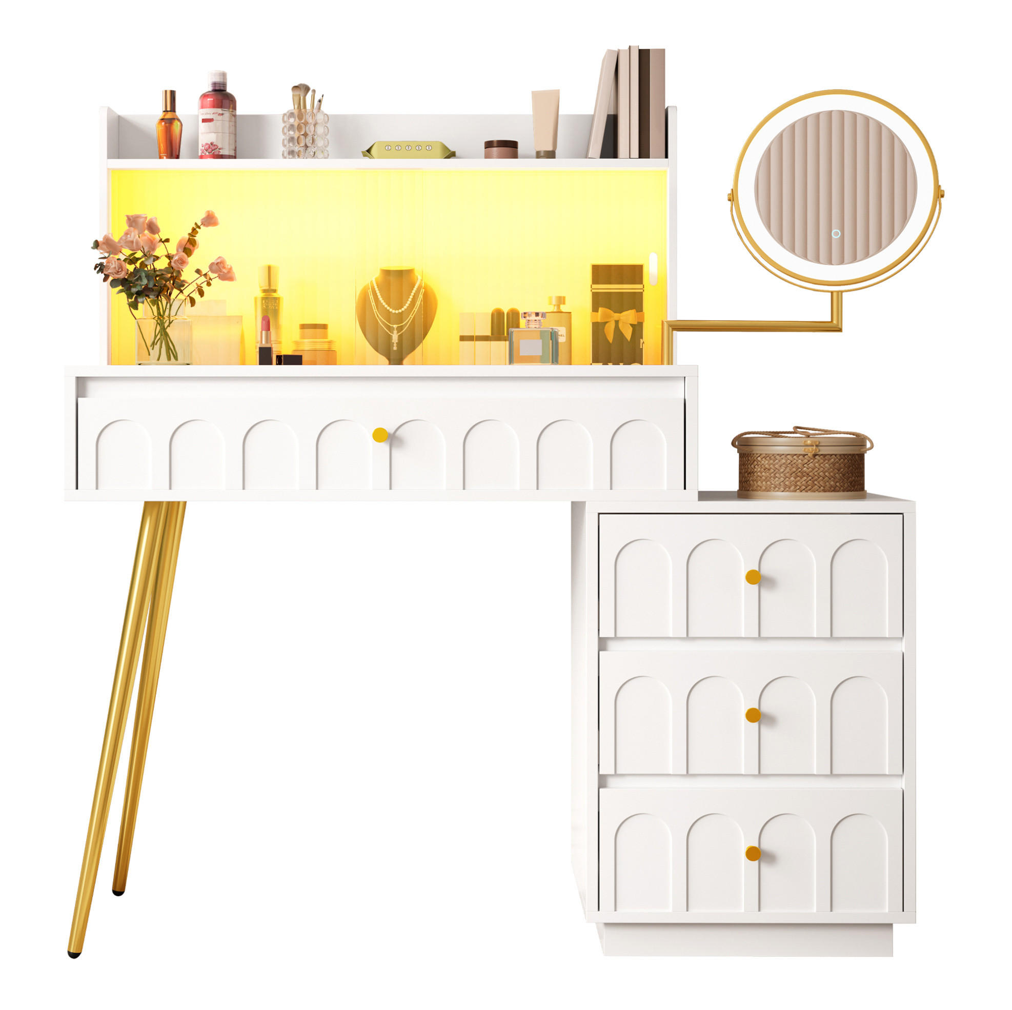 SCHMINKTISCH aus MDF und Spanplatte 34,5x112x116 cm Weiß mit LED-Spiegel, Glasschiebetüren und 4 Schubladen - Weiß, Holzwerkstoff (112/116/34.5cm) - Modfu