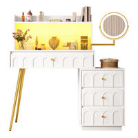 SCHMINKTISCH aus MDF und Spanplatte 34,5x112x116 cm Weiß mit LED-Spiegel, Glasschiebetüren und 4 Schubladen - Weiß, Holzwerkstoff (112/116/34.5cm) - Modfu