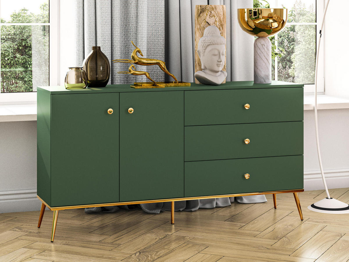 SIDEBOARD FORT Grün, Gold 160x40x85 cm - Goldfarben/Grün, Holzwerkstoff (160/85/40cm) - FURNLUX