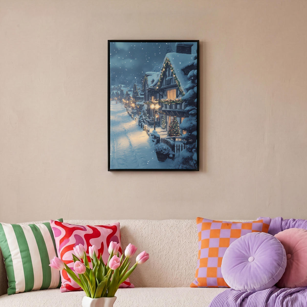 LEINWAND Bilder mit Rahmen - Weihnachtsdorf - Weihnachten - Schnee - Winter - 40x60 - Dunkelblau, Textil (40/60cm) - MuchoWow
