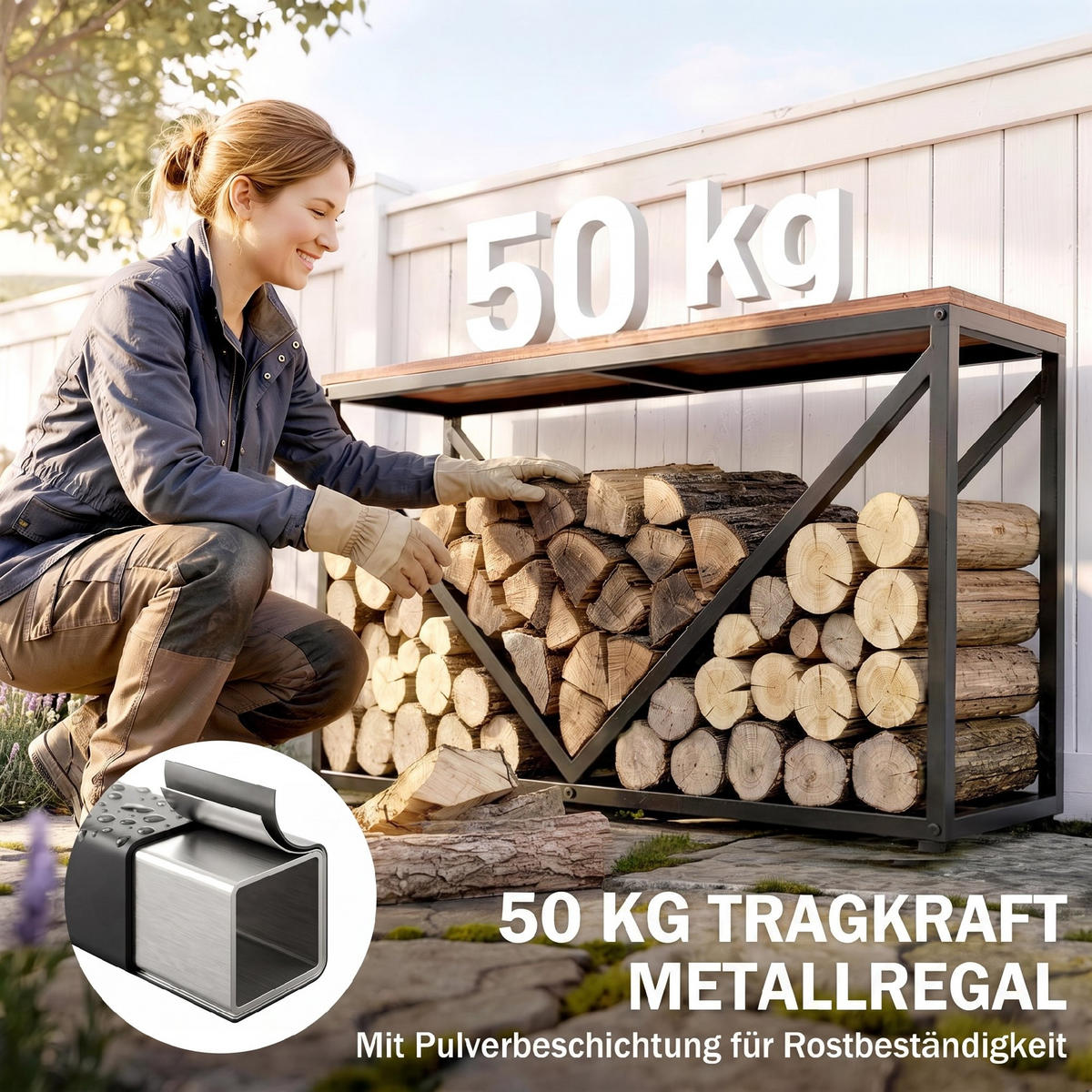 BRENNHOLZREGAL Metall Schwarz - Schwarz, Metall (28/50/98cm) - Outsunny