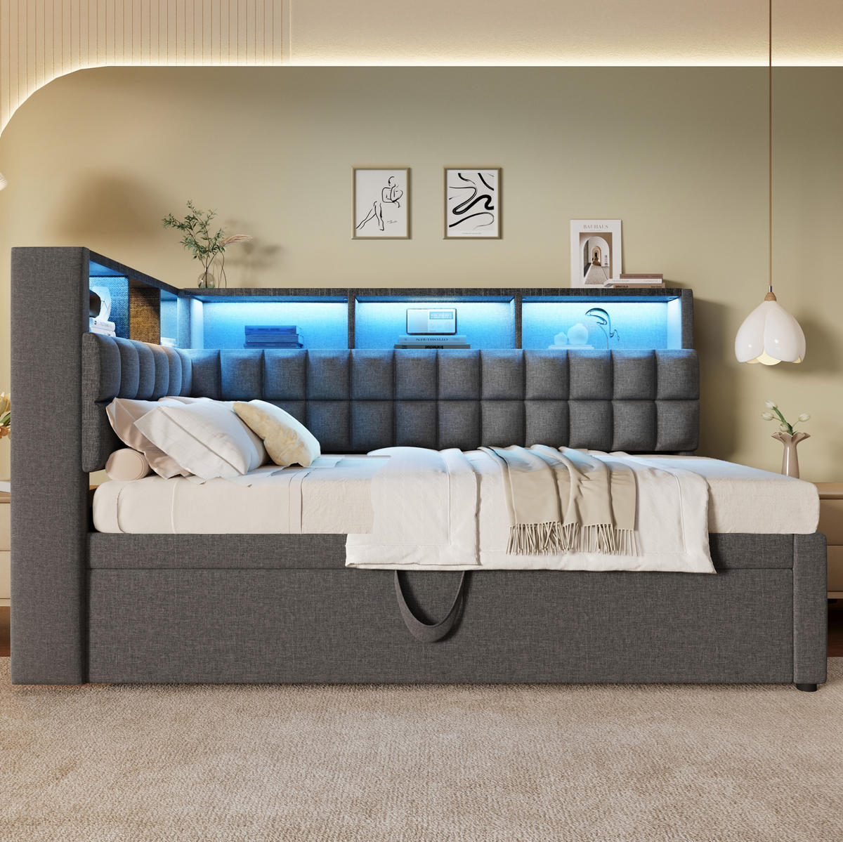 POLSTERBETT 90/200 cm Grau Ausziehbett 90/190 cm mit LED-Beleuchtung Leinen L-Kopfteil mit Stauraum - Grau, Textil (90/200cm) - OKWISH