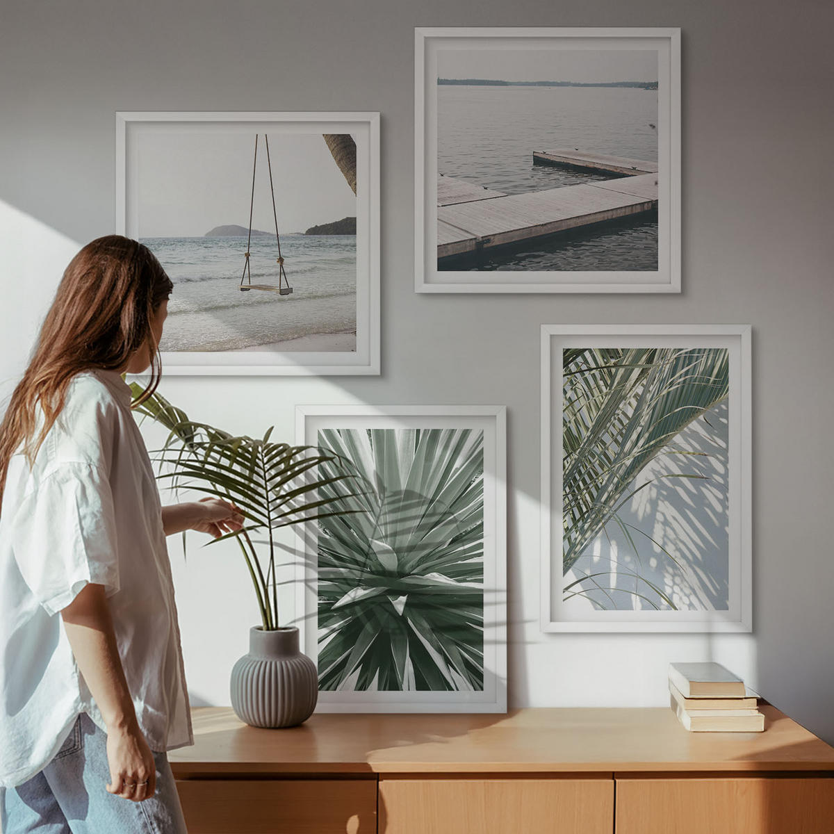WANDBILDER 4er-Set - 50x50 cm & 40x60 cm Weißer Rahmen - Hängebrücke aus Palmenblättern - Weiß, Kunststoff (50/50cm) - ArtPrintCave