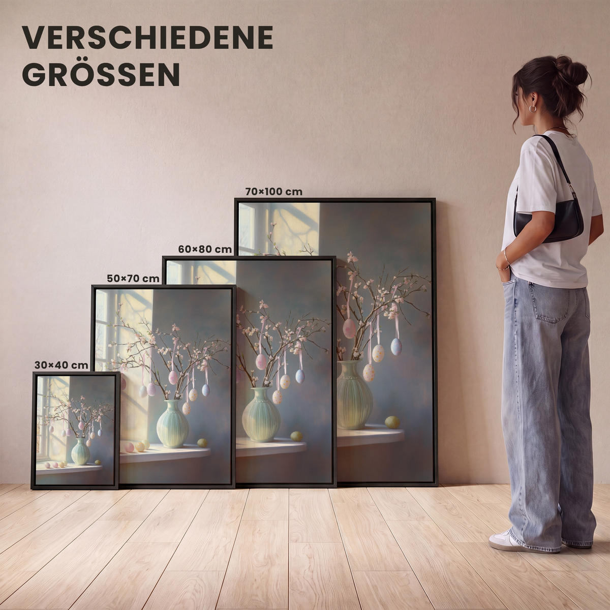 LEINWAND Bilder mit Rahmen - Stillleben - Vase - Osterzweig - 30x40 - Hellblau, Textil (30/40cm) - MuchoWow