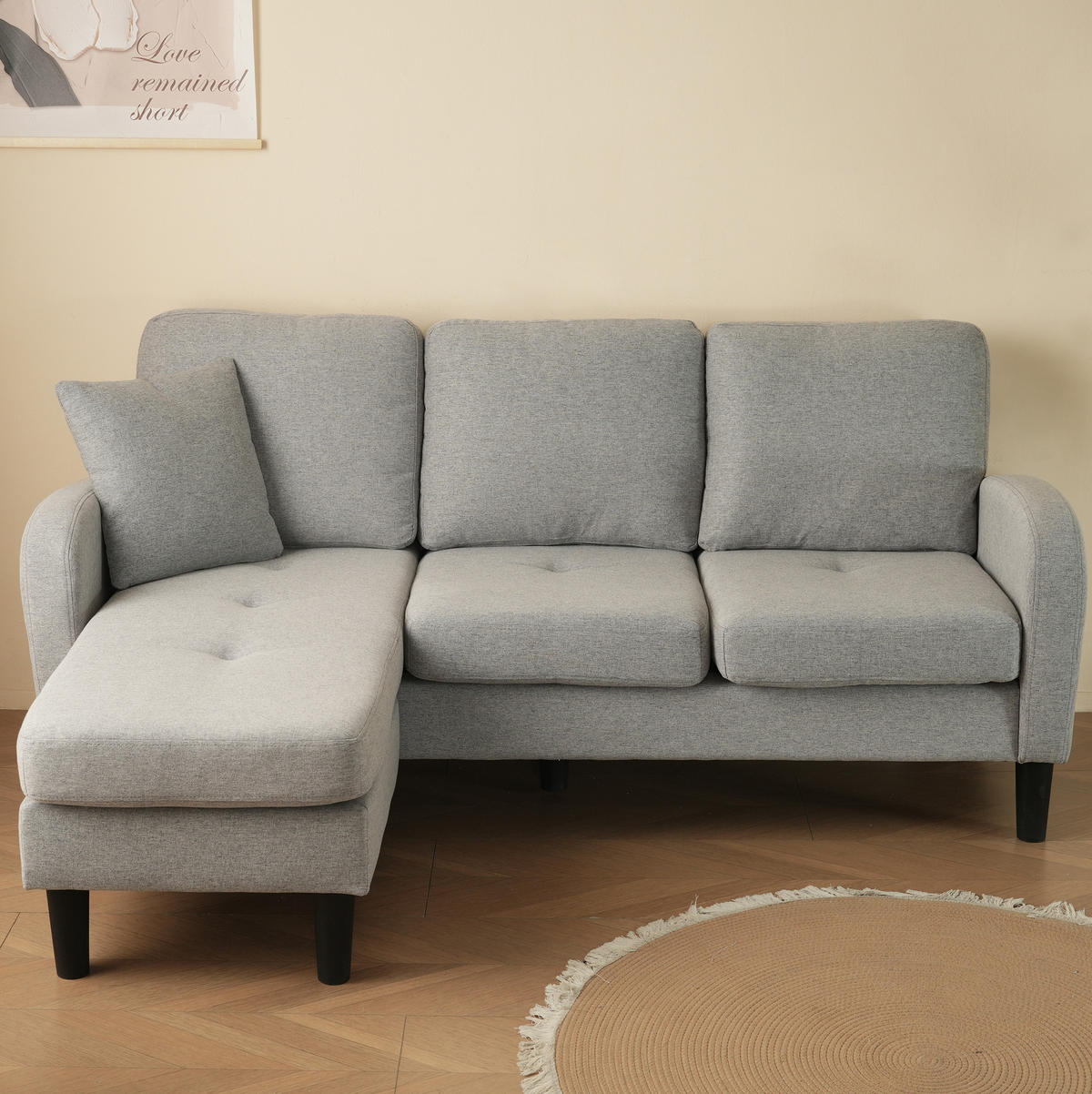 ECKSOFA mit Baumwoll-Leinen-Bezug Grau 166x118x77 cm, Chaiselongue links oder rechts stellbar - Hellgrau, Kunststoff (118/166cm) - IVMEU