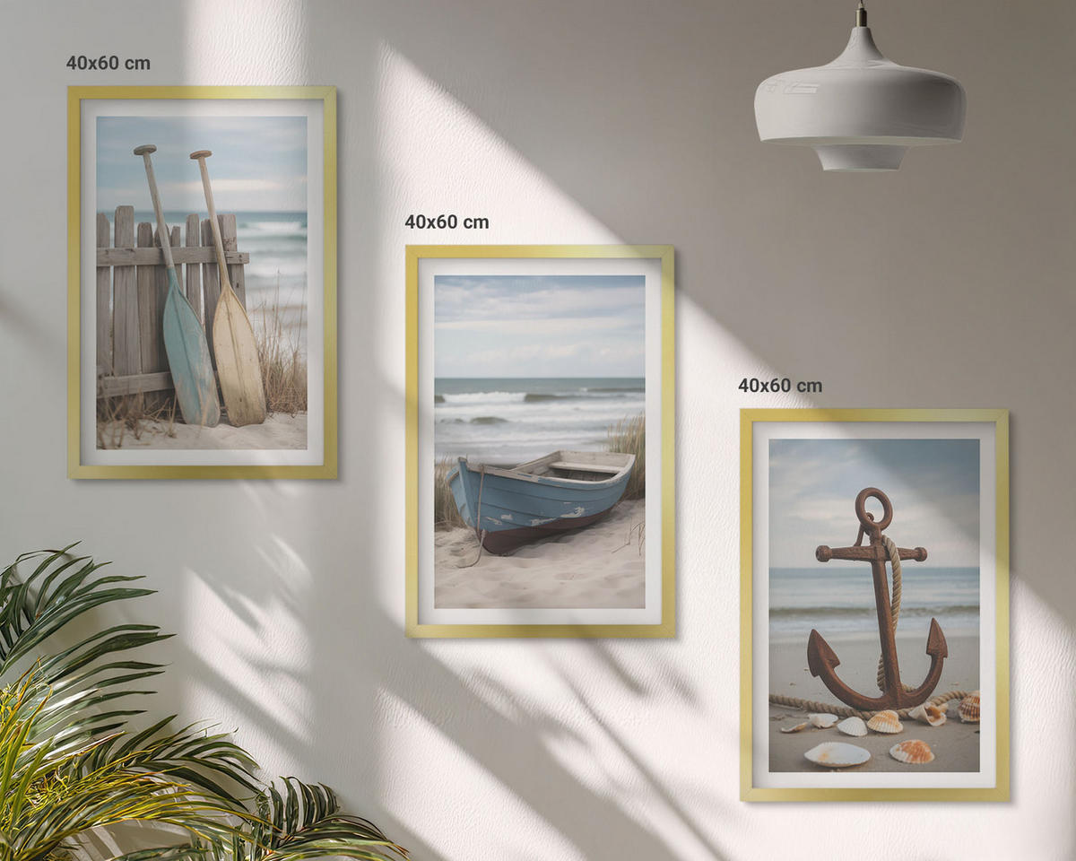 BILDER SET 3er Set - 40x60 cm Goldrahmen - Strandbootanker Sand - Goldfarben, Kunststoff (40/60cm) - TULUP