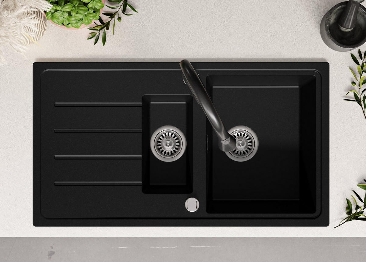 SPÜLBECKEN Kopenhagen Duo, 2-er set Alles Schwarz 90/50 cm 1,5 Becken + Ablauf-Set ab 60er Unterschrank - Schwarz, Kunststoff (90/19/50cm) - Primagran