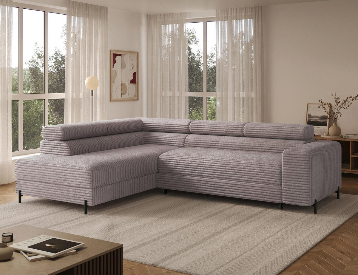 ECKSOFA COLESIO L-Form, Schlaffunktion, Bettkasten, verstellbare Kopfstützen, Wellenfederung, Metallfüße, breiter Cordstoff - Schwarz/Grau, Kunststoff/Metall (269/204cm) - Wohnideebilder