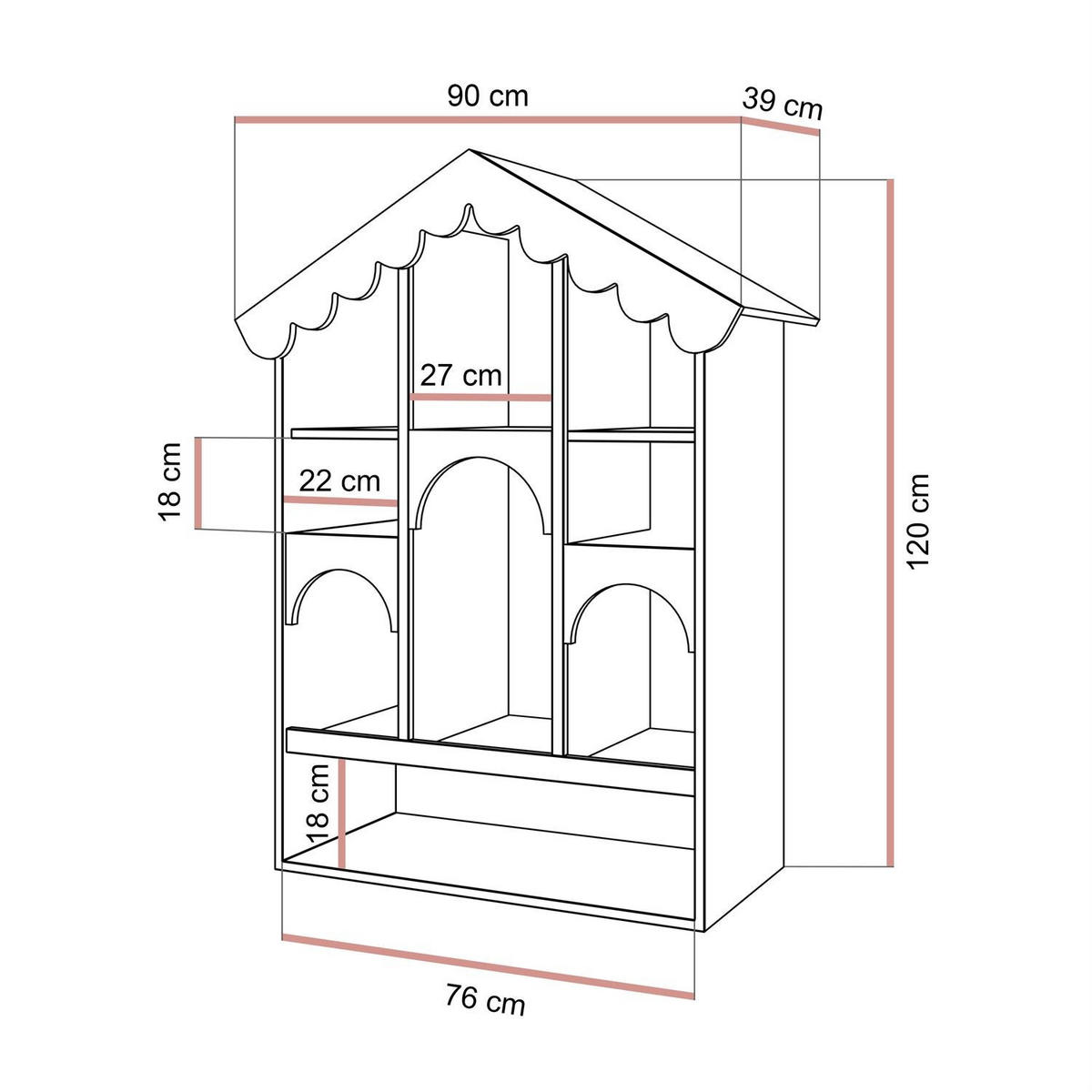 BABYREGAL BABUSHKA – Puppenhaus-Design, Natürlich Rosa - Rosa, Holzwerkstoff (90/119/39cm)