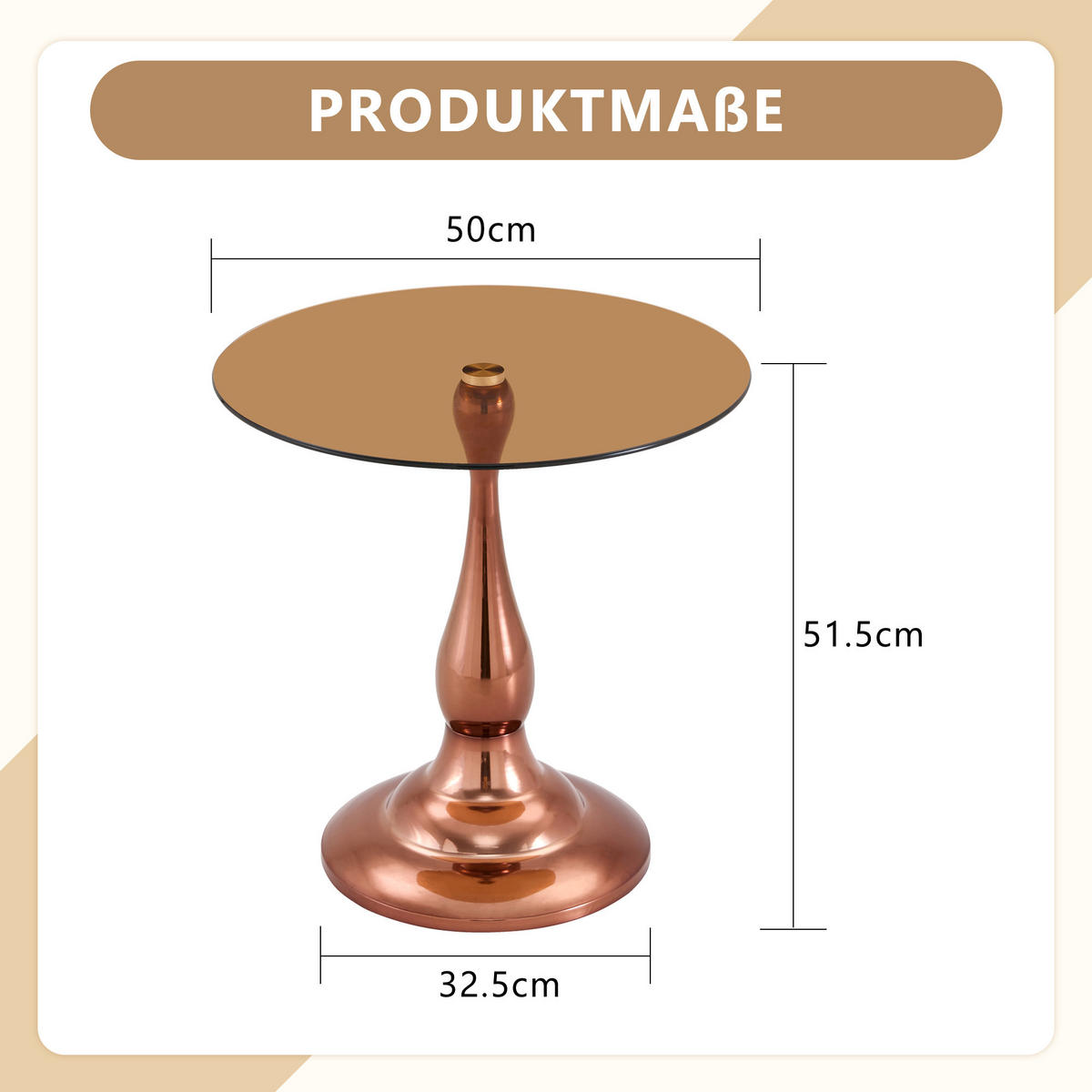 BEISTELLTISCH DE-37360 rund mit Glasplatte und geschwungenem Sockel Roségold - Roségold, Metall (50/50/51.5cm) - ComfortXL