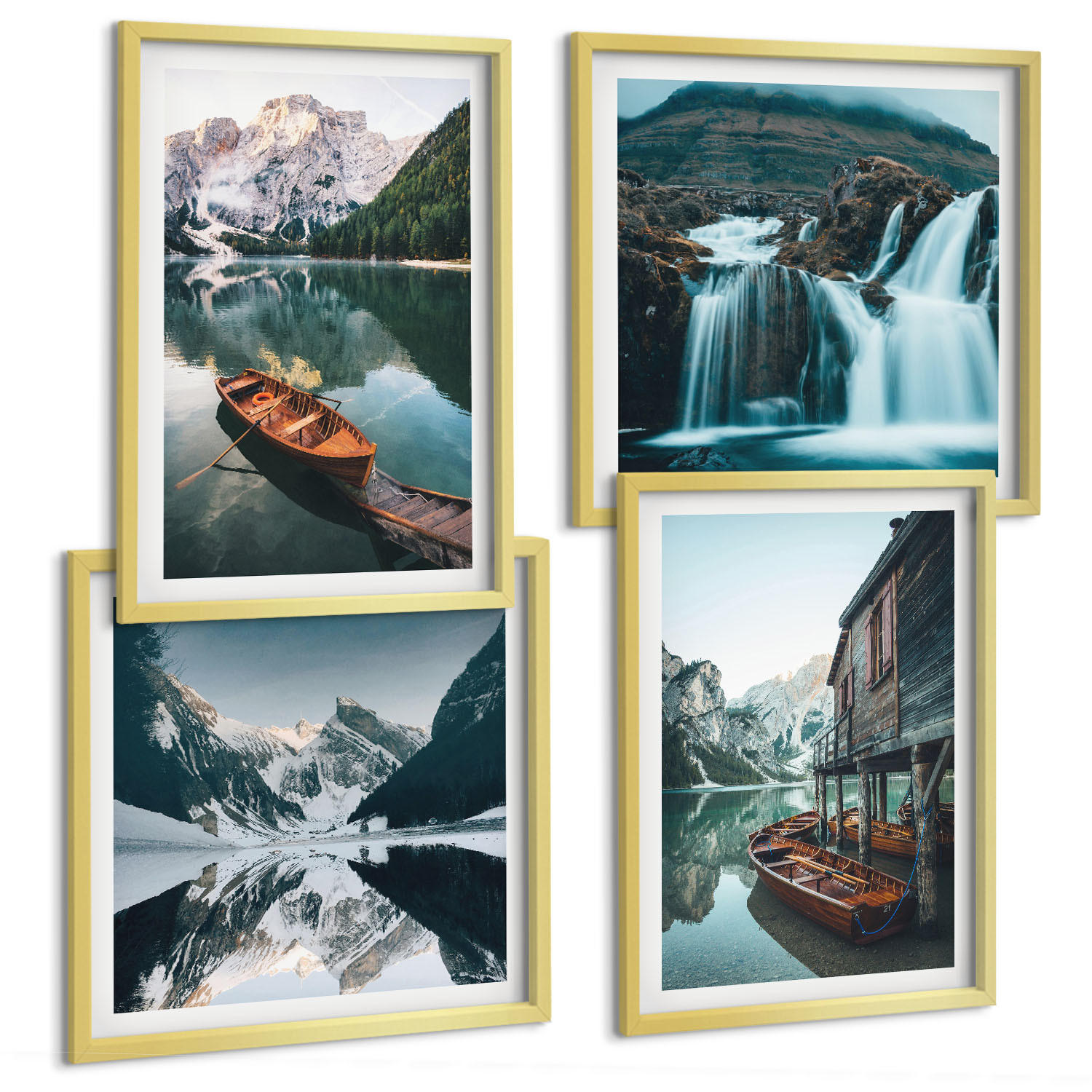BILDER SET 4er Set - 50x50 cm & 40x60 cm Goldrahmen - Spiegelung der Boote auf Bergseen - Goldfarben, Kunststoff (50/50cm) - TULUP