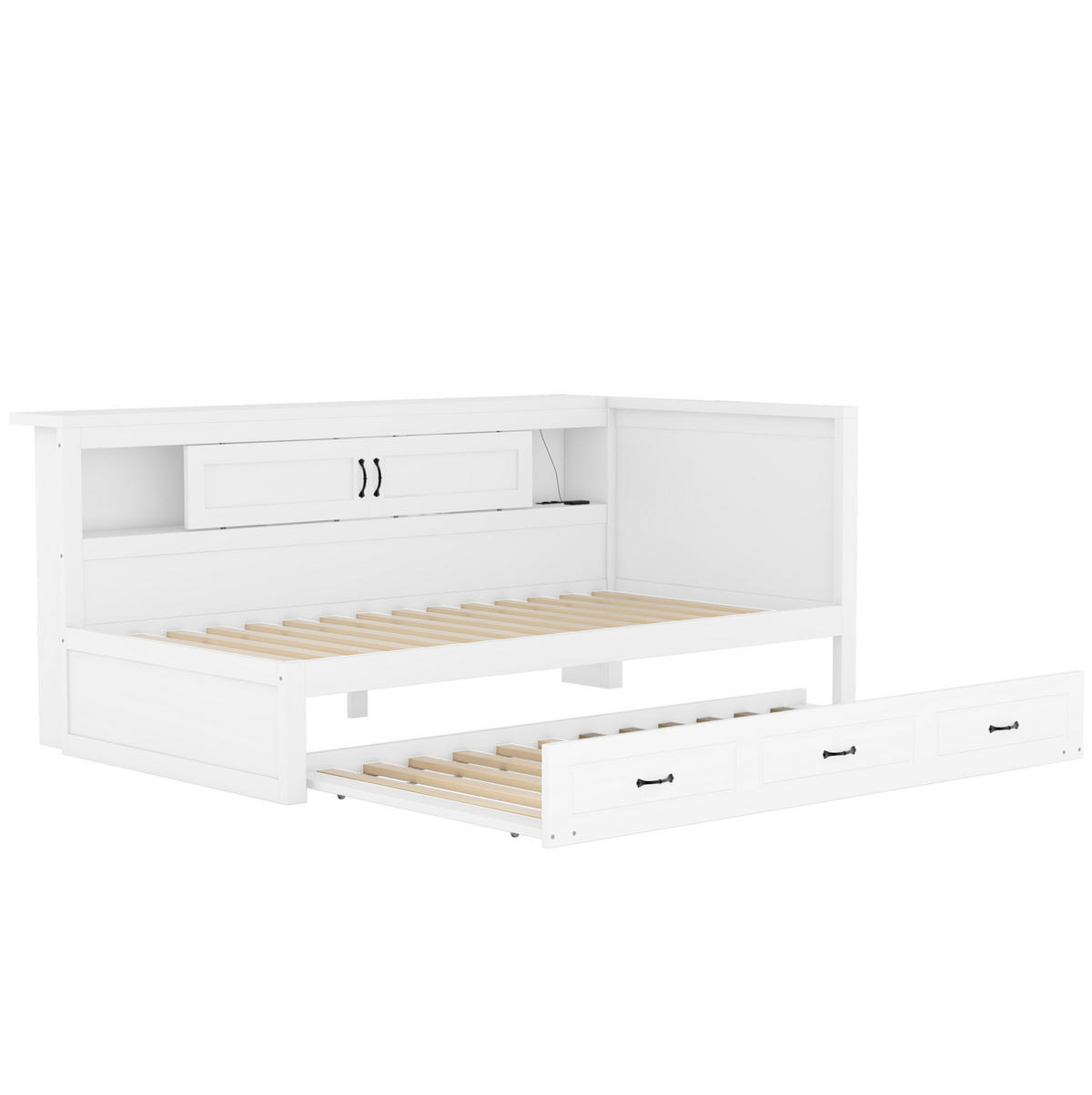 BETT 90/200 cm Weiß mit Ausziehbett, LED-Beleuchtung und USB - Weiß, Holzwerkstoff (90/200cm) - Flora Grace