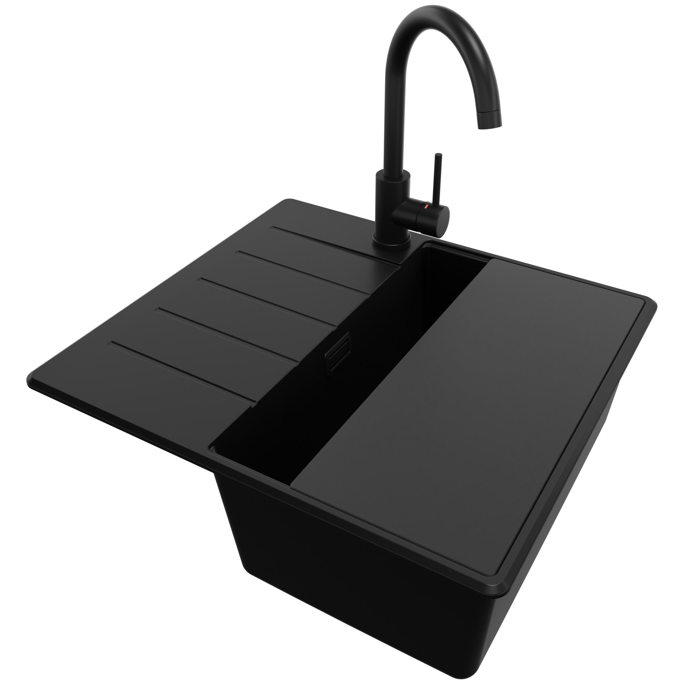 GRANITSPÜLE Kopenhagen, 2-er set Alles Schwarz 55/50 cm 1 Becken + Küchenarmatur 32/20 cm + Ablauf-Set + Schneidebrett ab 40er Unterschrank - Schwarz, Kunststoff (55/20/50cm) - Primagran