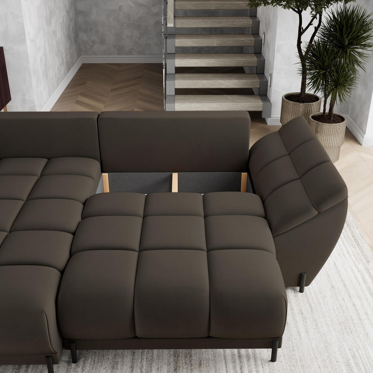 ECKSOFA VESTANO L-S Braun Velours-Stoff mit Schlaffunktion - Braun, Holz (287/182cm) - MASSENO