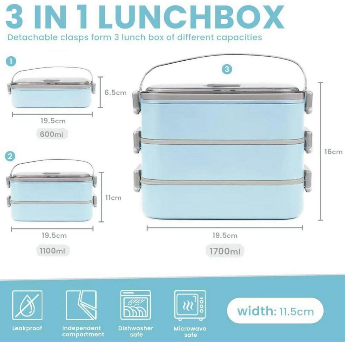 BENTO Box Edelstahl 1700 ml Blau mit Besteckset - Blau, Metall (11.5/16/19.5cm)