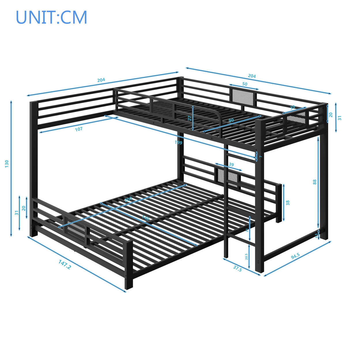 ETAGENBETT 90/200 über 140/200 cm in Schwarz aus Metall, L-Form - Schwarz, Metall (140/200cm) - OKMYHOME