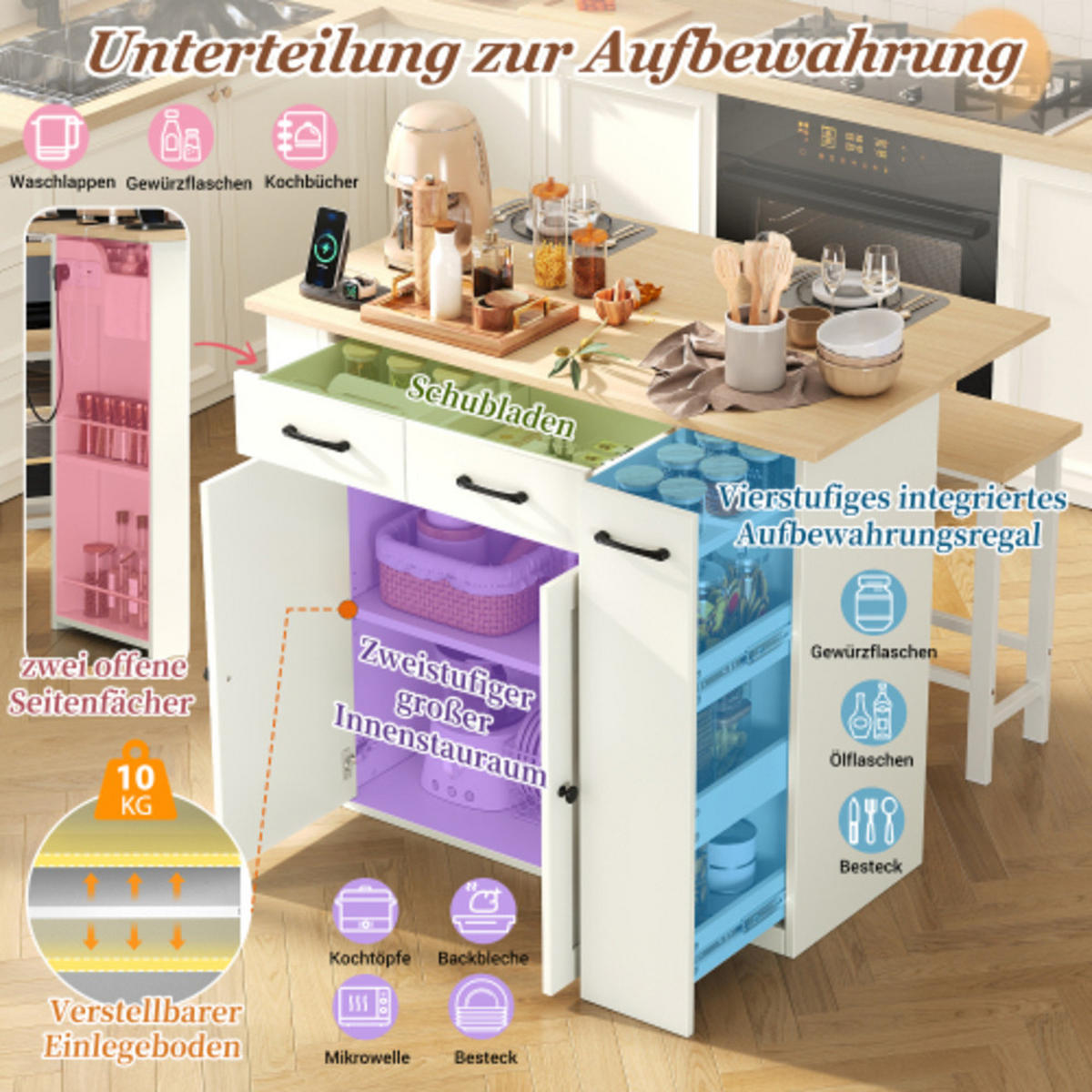 KÜCHENINSEL mit klappbarer Arbeitsplatte weiß 120×45-75×96 cm aus Spanplatte - Weiß, Holzwerkstoff (120/96/75cm) - Luhomfu