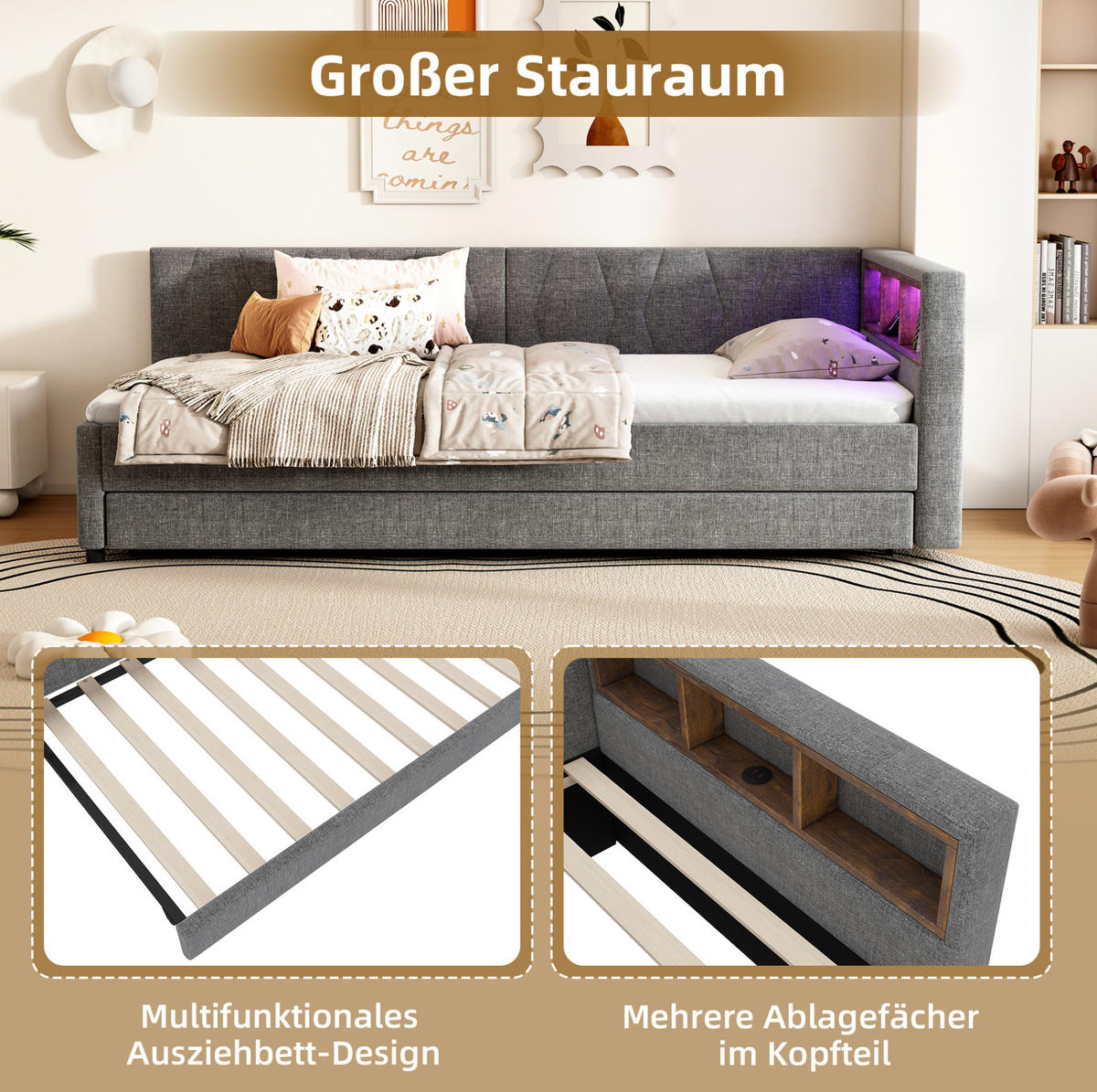 POLSTERBETT 90/200 cm mit LED-Beleuchtung, USB-C und ausziehbarem Gästebett - Grau, Textil (90/200cm) - BEAOK