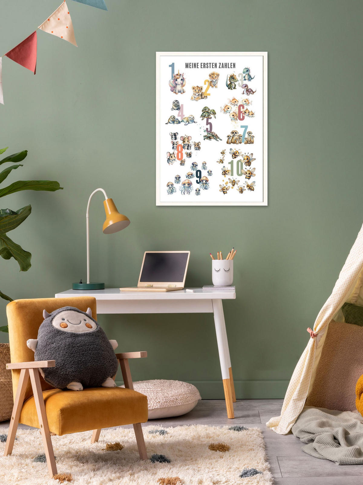 POSTER mit Rahmen 50x70 cm Zahlen Kinderzimmer pastell - Gelb, Holz (51/71/2cm) - artissimo