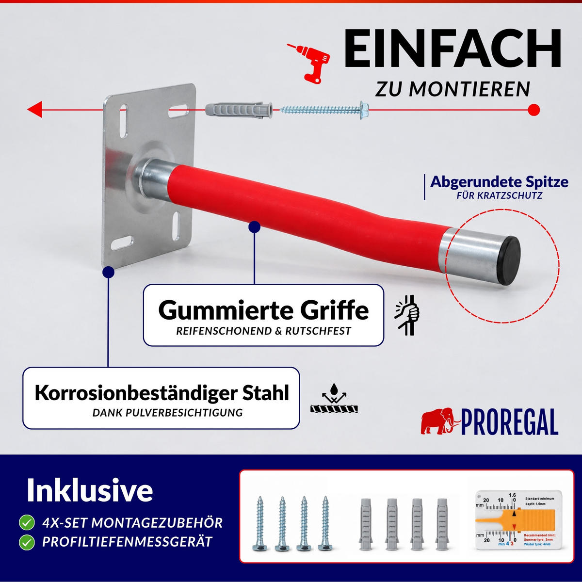 AUTOREIFEN-WANDHALTER PREX PRO 4er Reifen Set HxBxT 17x13x35 cm Traglast 35 kg Rot Set für Garage Zum Anschrauben mit hoher Qualität - Rot, Metall (35/13/9cm) - PROREGAL