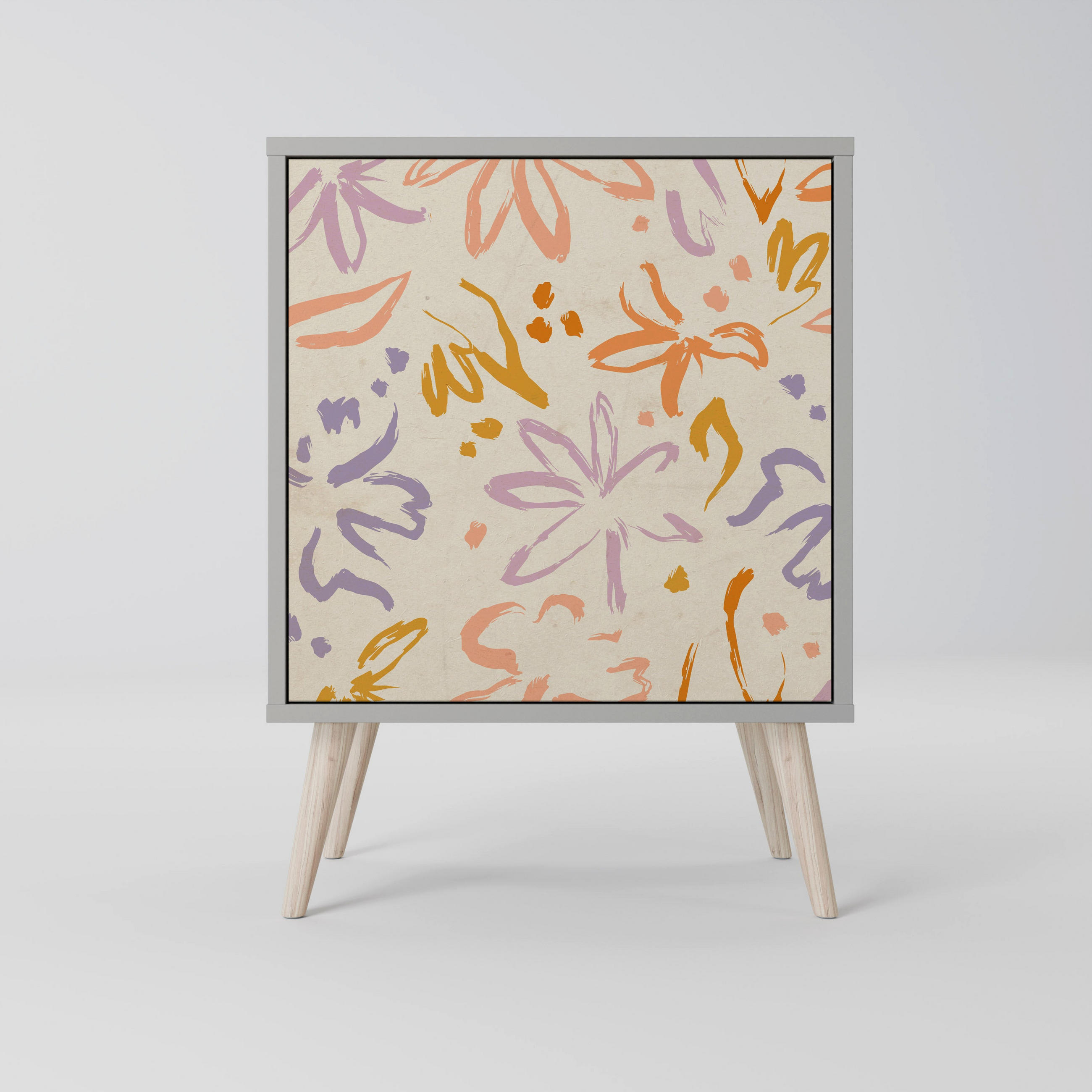 SIDEBOARD SPRING WHIMSY, Grau, 57,5x42x77,5 cm, Schräge Buchenholzfüße - Buchefarben/Multicolor, Holzwerkstoff/Buchenholz (57.5/77.5/42cm) - SpaceRebels