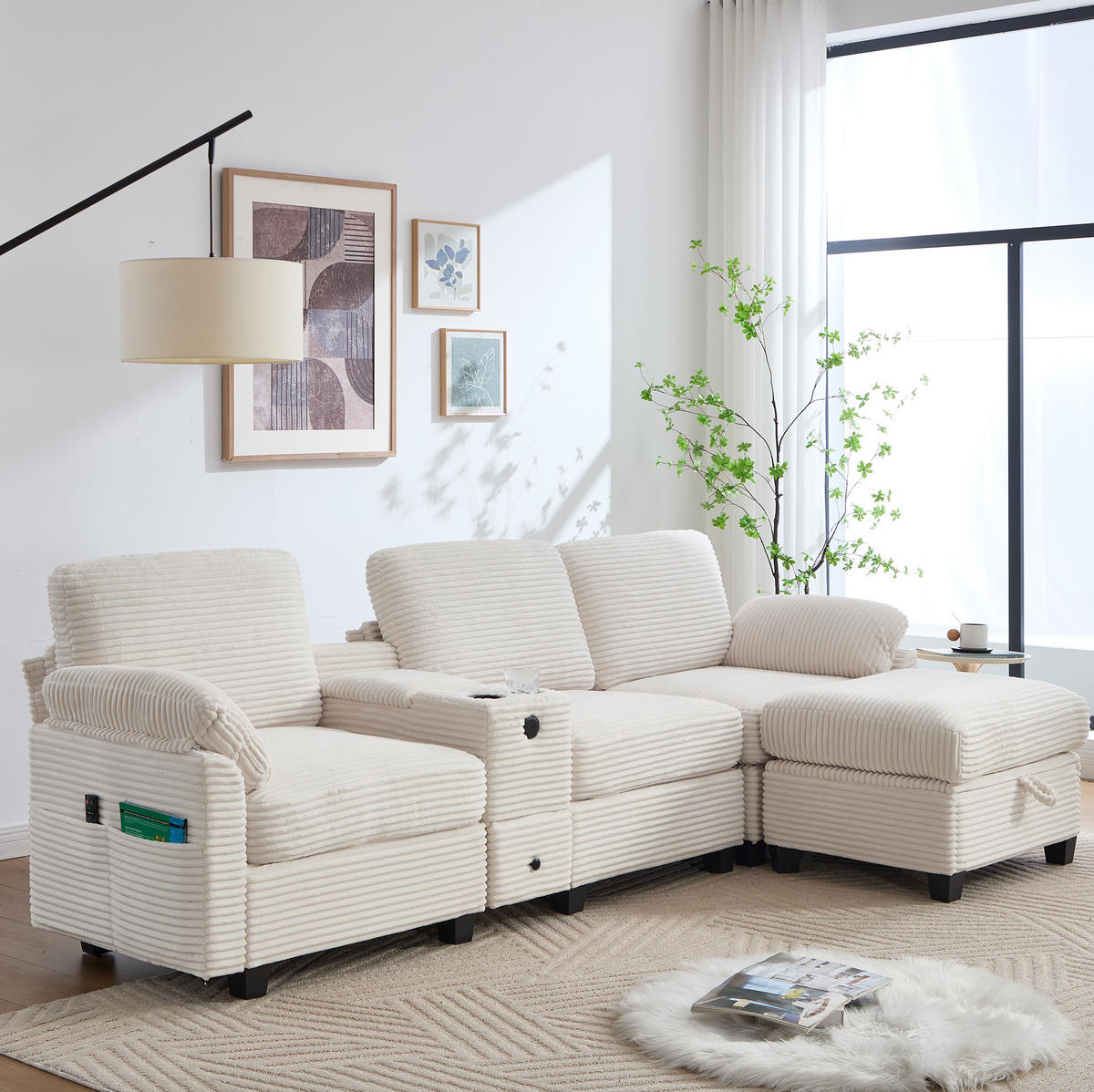 ECKSOFA Cord mit Memory Foam USB-Anschluss und Stauraum 266/136/82 cm Beige - Beige, Textil (136/82/266cm) - Redom