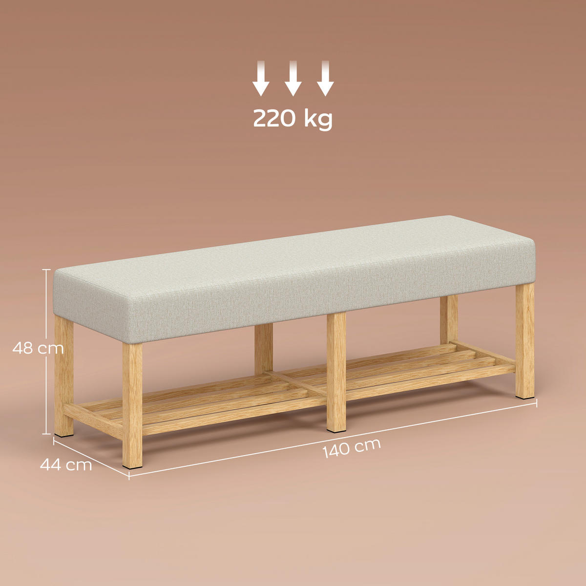 SCHUHBANK Natur und Cremeweiß gepolstert 140/44/48 cm - Creme, Holz (140/48/44cm) - PANGIVO
