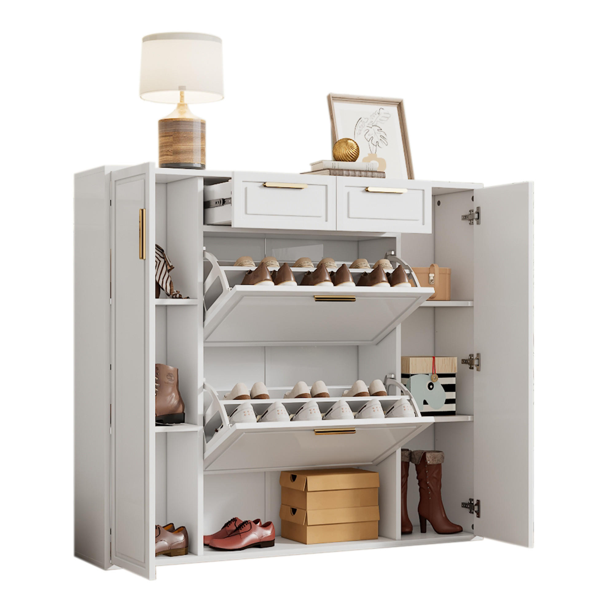 SCHUHSCHRANK 120/24/107 cm mit verstellbaren Regalen, 2 Schubladen und Klapptüren, MDF und Spanplatte, Weiß - Weiß, Holzwerkstoff (120/107/24cm) - Redom