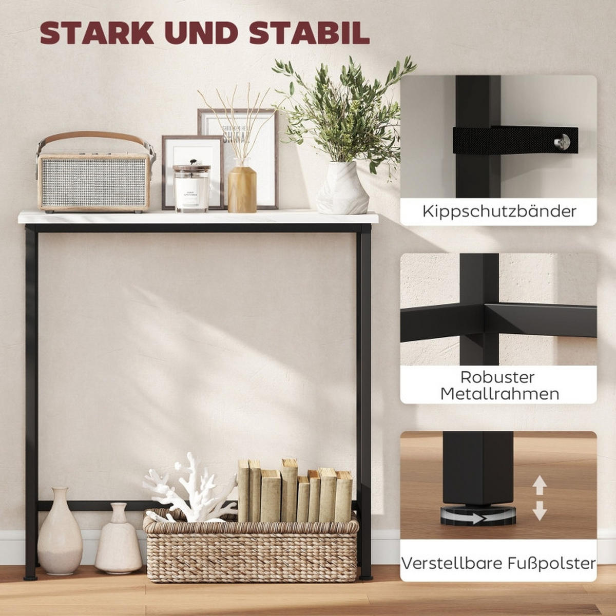 KONSOLENTISCH DE-37202 mit Marmoroptik und Kippschutz Schwarz - Schwarz, Holzwerkstoff (75/24/76cm) - ComfortXL