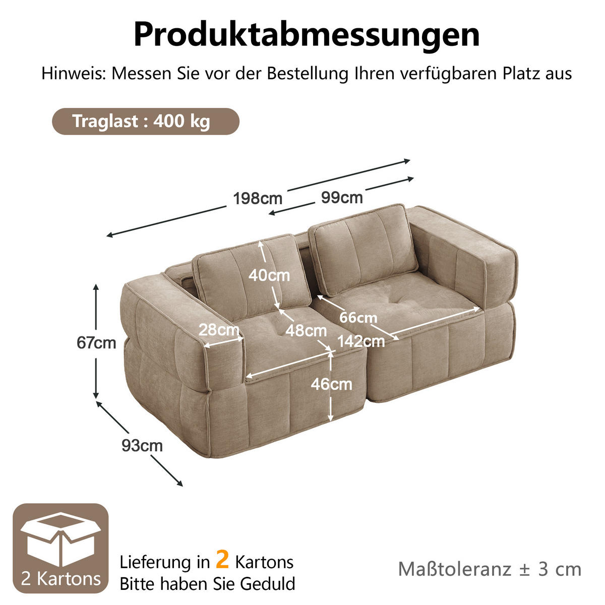 2-SITZER-SOFA DE-34428 Tiefsitz und 32D-Schaum Sand - Sandfarben, Textil (93/67/198cm) - ComfortXL