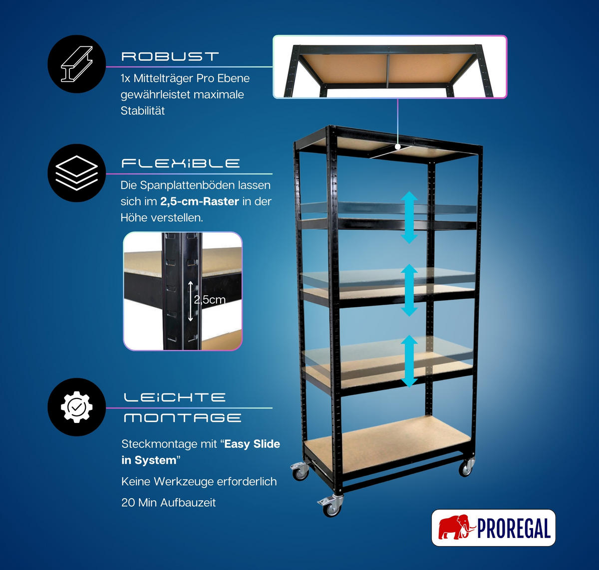 KOMMISSIONIERWAGEN 2er Set BÜFFEL 190x90x50cm 5 Ebenen Fachlast 50kg 2X Lenkrollen & 2X Lenkrollen mit Feststellbremse Schwarz - Schwarz, Metall (180/190/50cm) - PROREGAL