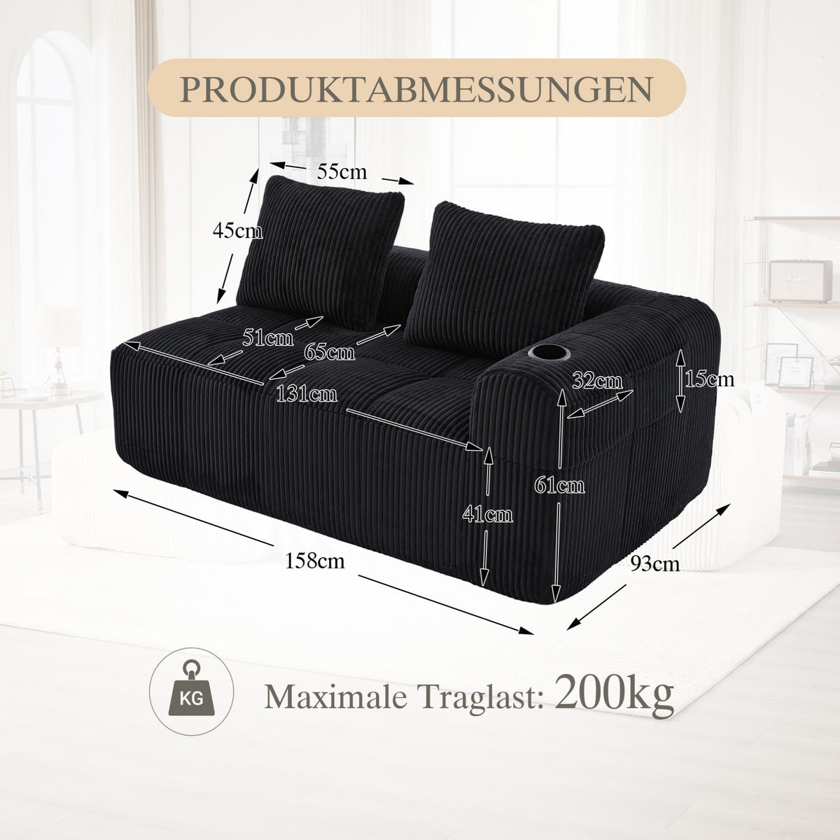 2-SITZER 158/93/61 cm Schwarz aus Cord mit Seitenfächern und Becherhaltern - Schwarz, Textil (93/61/158cm) - OKMYHOME