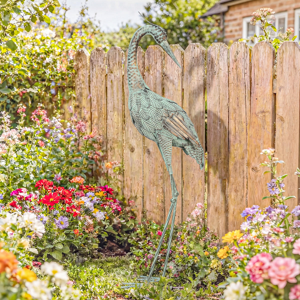 GARTENSTATUE Reiher aus Metall Grün Bronze - Grün, Metall (20/88/27cm) - Outsunny