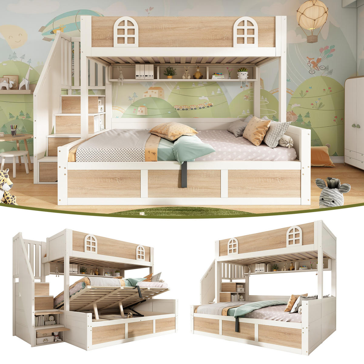 ETAGENBETT 90/200 cm und 140/200 cm Weiß Natur mit hydraulischem Stauraum ohne Matratze - Weiß, Holz (140/200cm) - MIVRAY