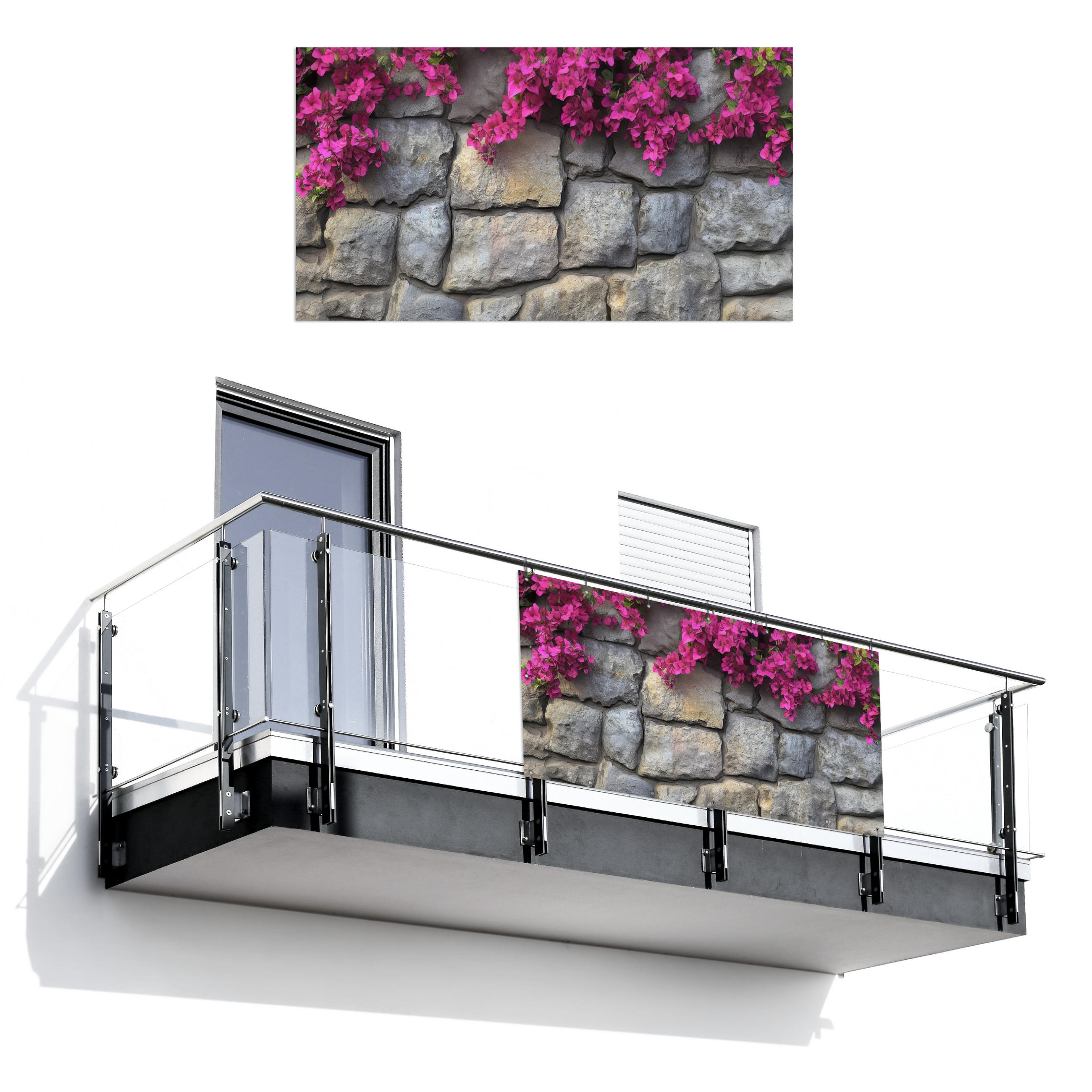 BALKON-SICHTSCHUTZ Bougainvillea - Steinmauer - Rosa - Magenta, Kunststoff (200/110cm) - MuchoWow