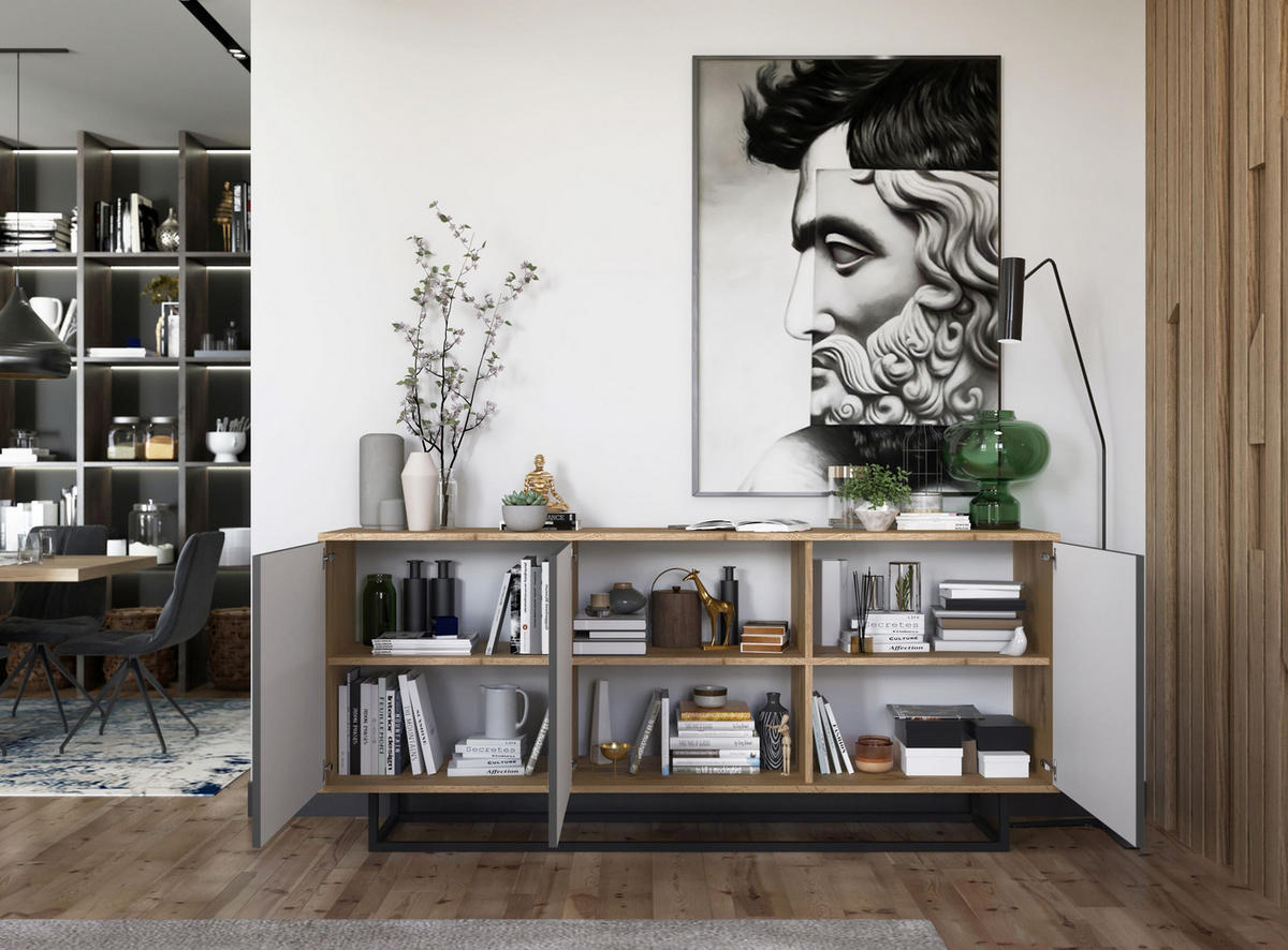 KOMMODE Apollo 3D Eiche wotan Graphit Matt 168 cm - Graphitfarben/Schwarz, Holzwerkstoff/Metall (168/72/35cm) - Meble Lindner