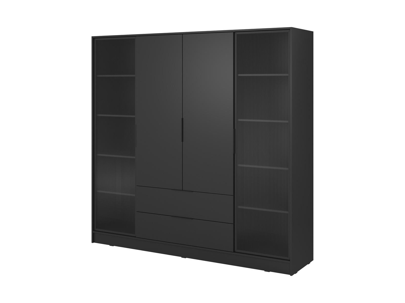 KLEIDERSCHRANK RICADI 4D RD (Schwarz, Riffelglas, 4 Türen, 2 Schubladen, Kunststoffgriffe) - Schwarz, Holz/Holzwerkstoff (206/200/51cm) - Ravio