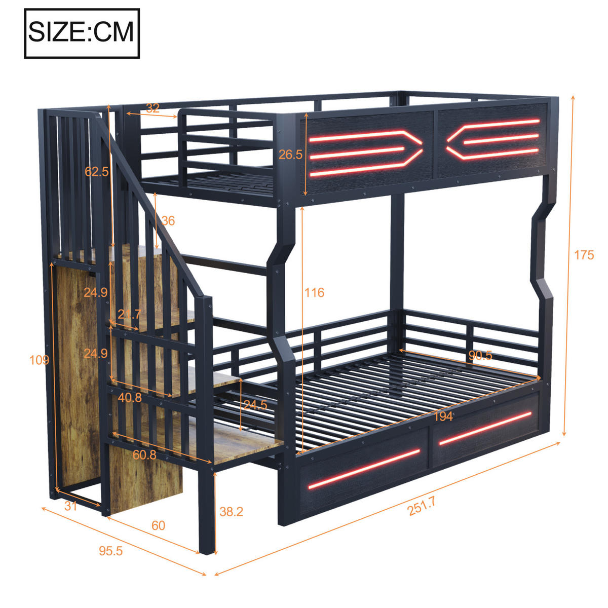 HOCHBETT 90/200 cm aus Metall und MDF mit LED-Beleuchtung, Stauraumtreppe und Sicherheitsgitter, Schwarz - Schwarz, Metall (90/200cm) - Redom