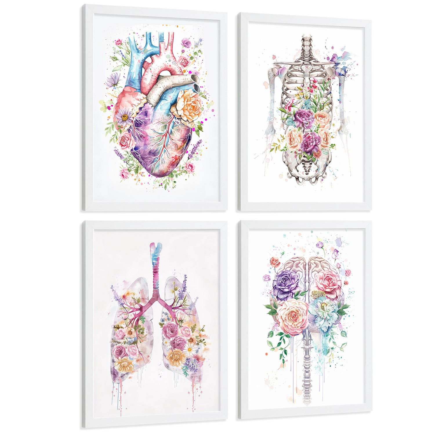 POSTER Set aus 4 Anatomie Mensch Drucke und mit Herz Gehirn Lungen Luftröhre Bronchien Wirbelsäule Florales Aquarell Design Größe Weißer Rahmen A3 - Weiß, Papier (29.7/42/3cm) - Nacnic