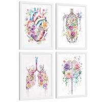 POSTER Set aus 4 Anatomie Mensch Drucke und mit Herz Gehirn Lungen Luftröhre Bronchien Wirbelsäule Florales Aquarell Design Größe Weißer Rahmen A3 - Weiß, Papier (29.7/42/3cm) - Nacnic