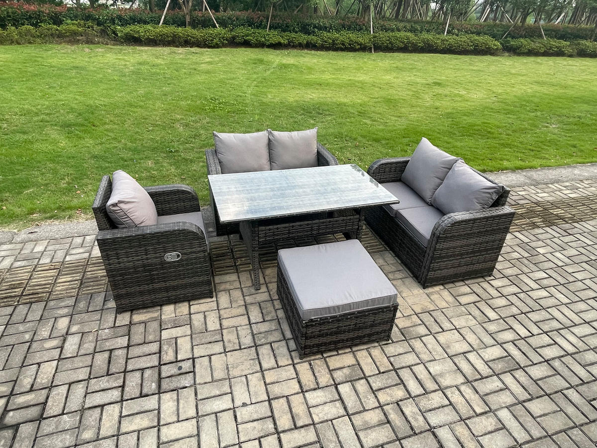 Gartenmöbelset mit Esstisch,Hocker,Polyrattan Dunkelgrau 6-Sitzer - Dunkelgrau/Grau, Glas/Kunststoff - Fimous