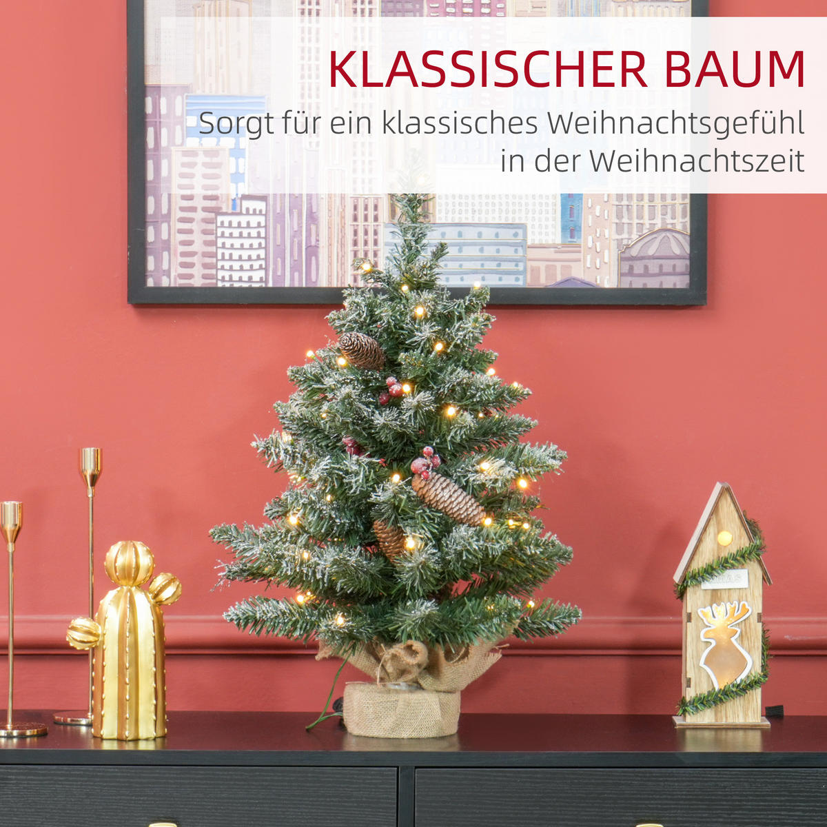 KÜNSTLICHER Weihnachtsbaum 0,6 m Christbaum 86 Astspitzen mit 50 warmweißen LED - Grün, Kunststoff/Metall (60cm) - HOMCOM
